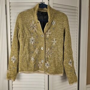 Icelandic Design Womens Green Embroidered Embellished Wool Blend Cardigan Medium
